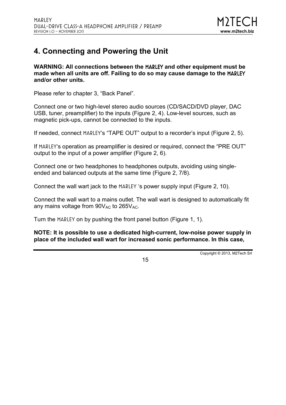 M2tech, Connecting and powering the unit | M2TECH Marley User Manual | Page 15 / 32