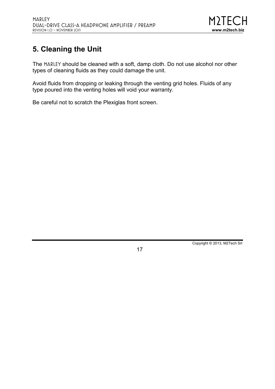 M2tech, Cleaning the unit | M2TECH Marley User Manual | Page 17 / 32