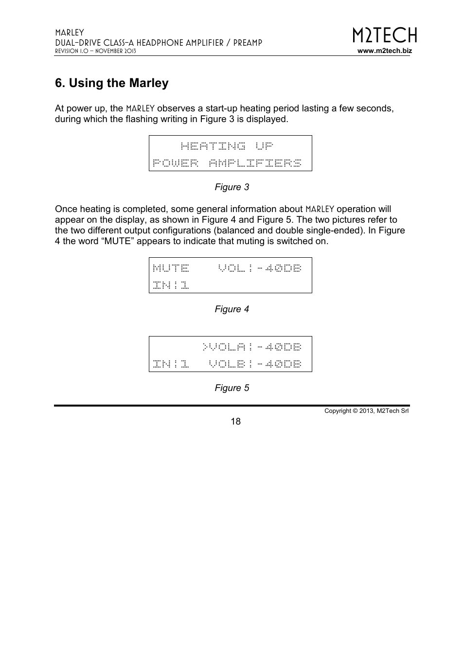 M2tech, Heating up power amplifiers, Mute vol:-40db in:1 | M2TECH Marley User Manual | Page 18 / 32