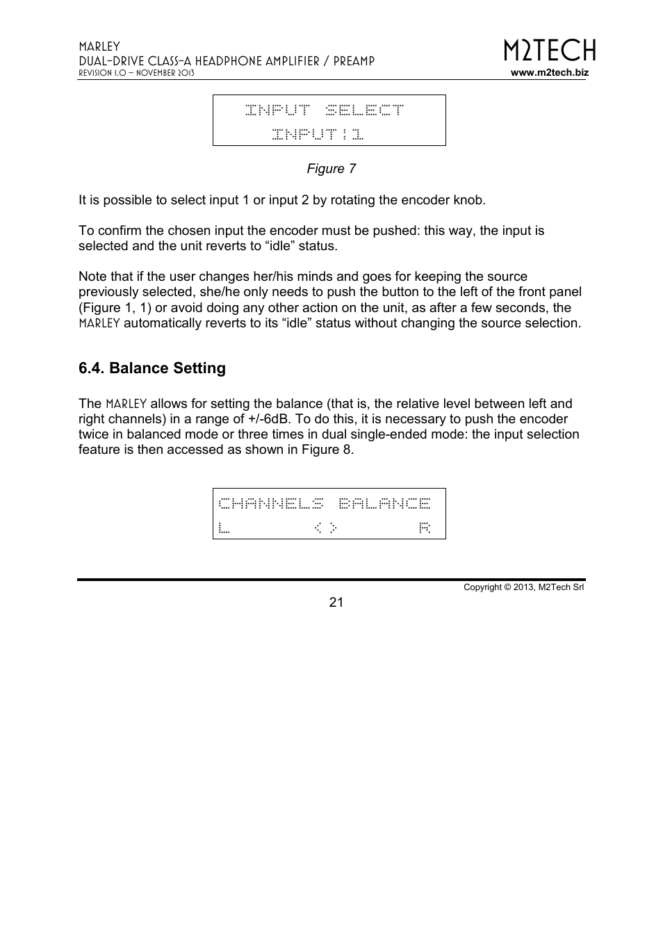 M2tech, Input select input:1, Channels balance l <> r | M2TECH Marley User Manual | Page 21 / 32