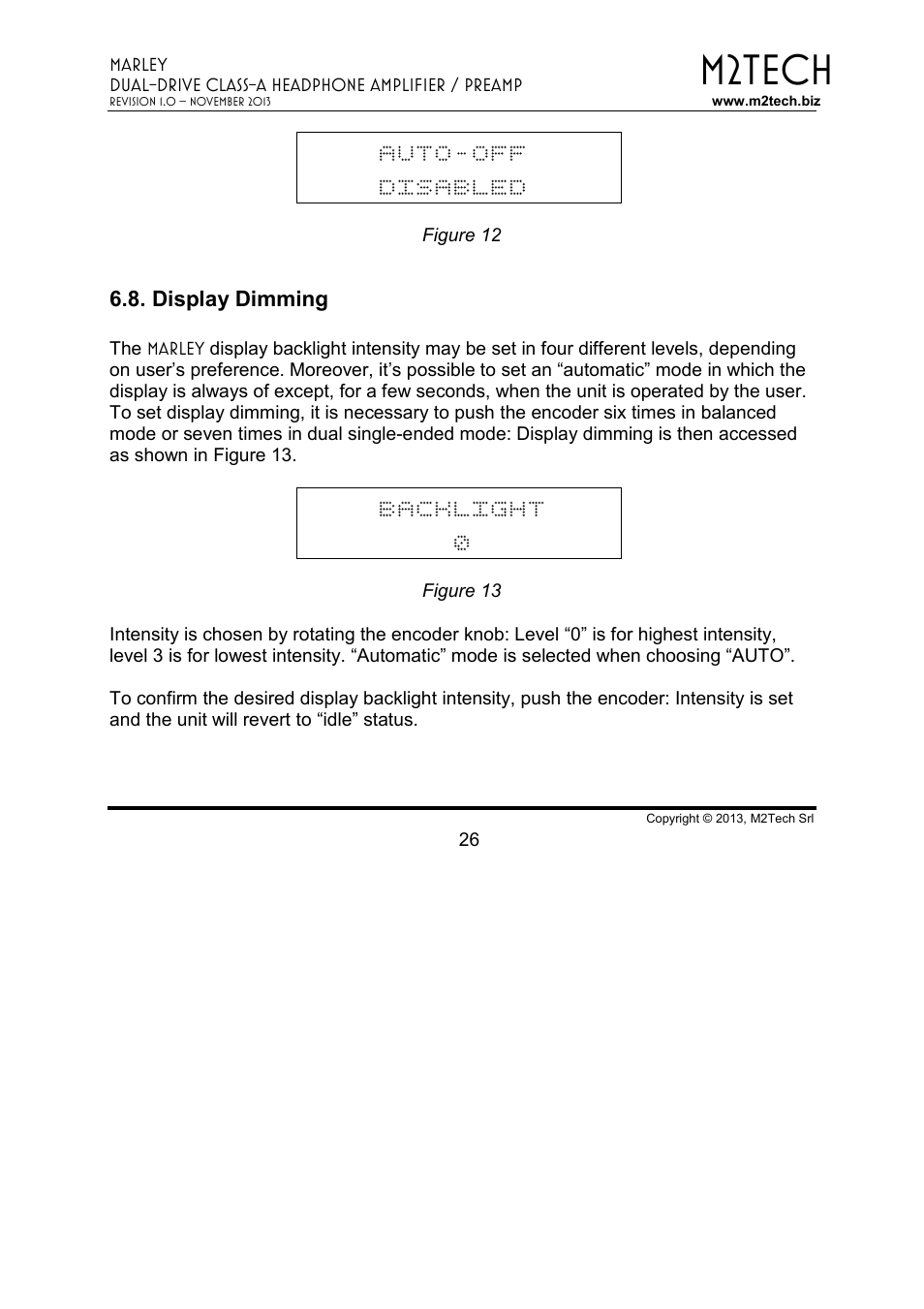 M2tech, Auto-off disabled, Backlight 0 | M2TECH Marley User Manual | Page 26 / 32