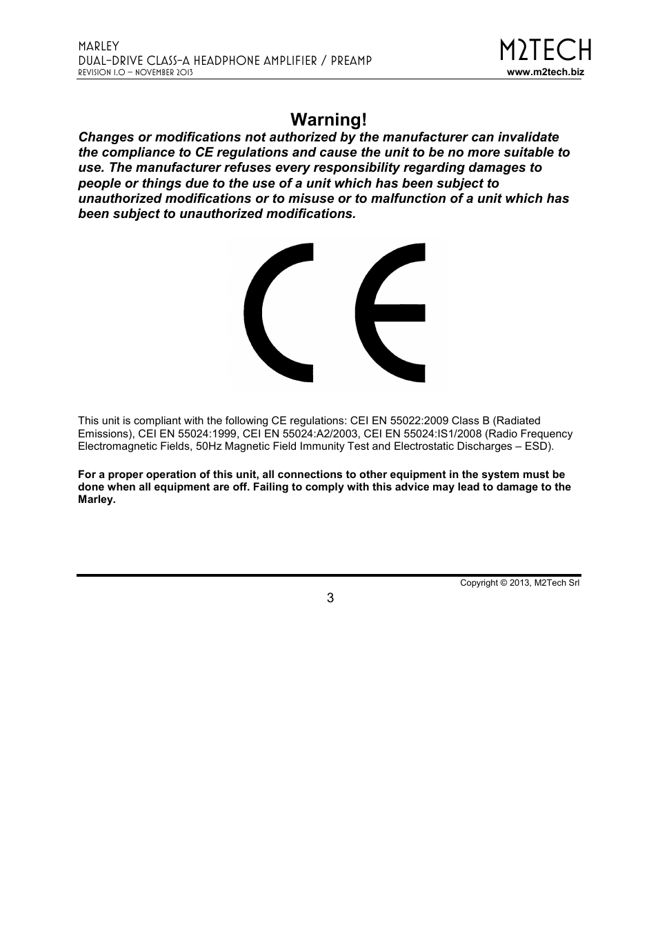 M2tech, Warning | M2TECH Marley User Manual | Page 3 / 32