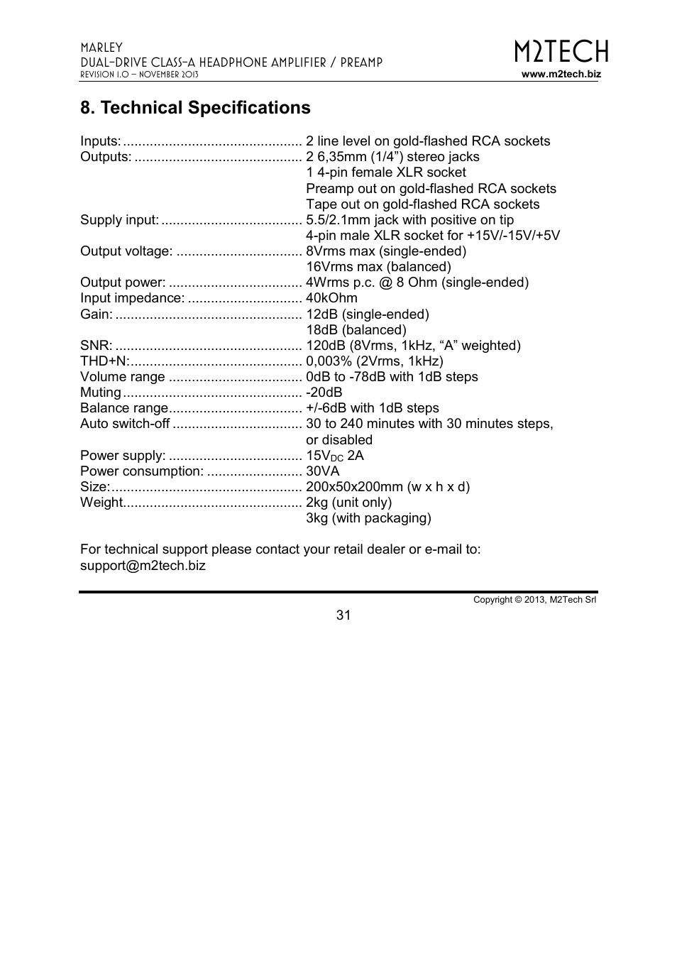 M2tech, Technical specifications | M2TECH Marley User Manual | Page 31 / 32