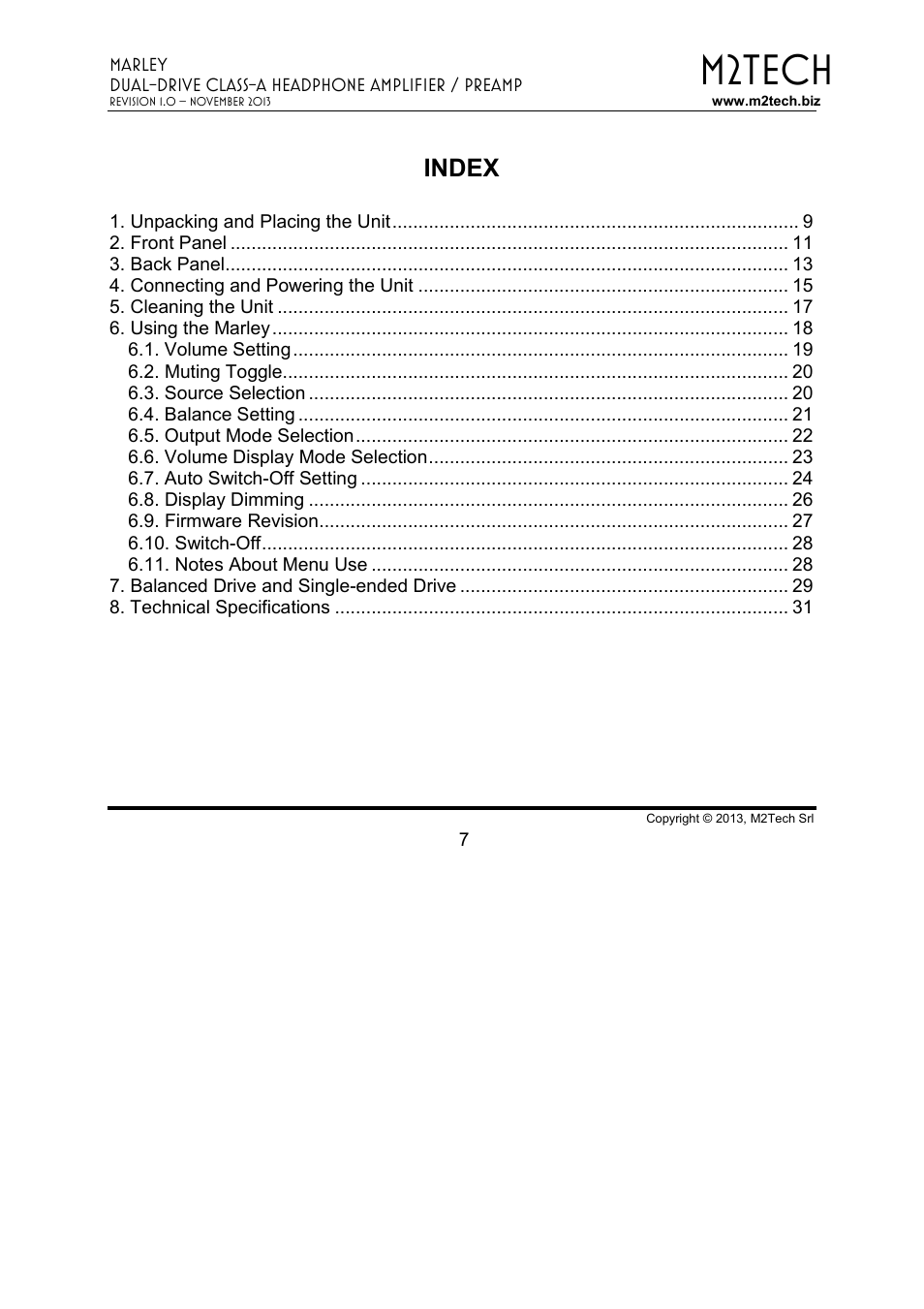 M2tech, Index | M2TECH Marley User Manual | Page 7 / 32