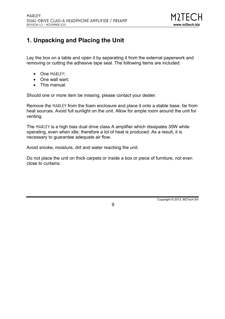 M2tech, Unpacking and placing the unit | M2TECH Marley User Manual | Page 9 / 32