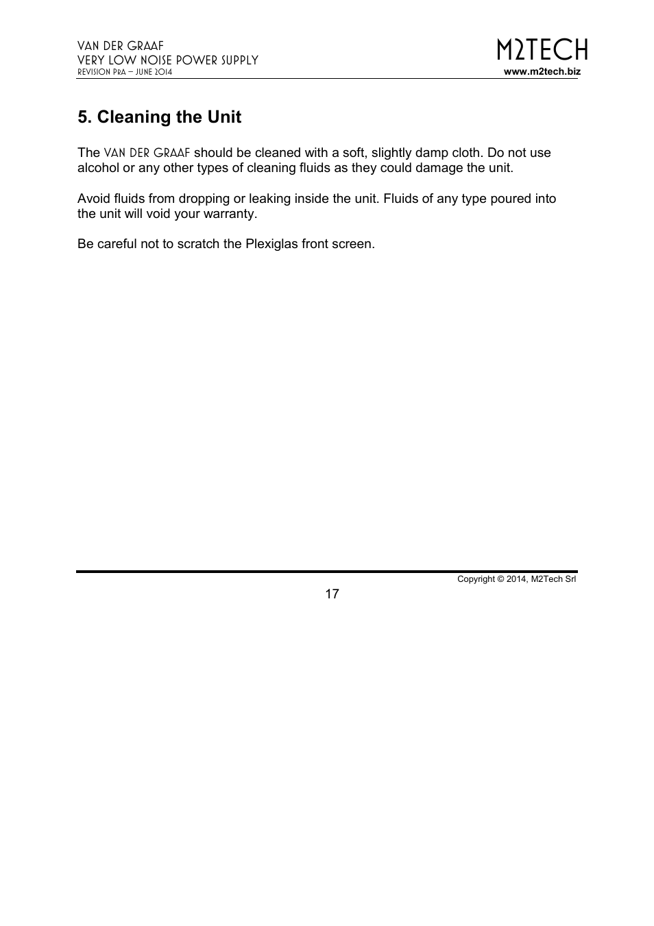 M2tech, Cleaning the unit | M2TECH Van der Graaf User Manual | Page 17 / 22