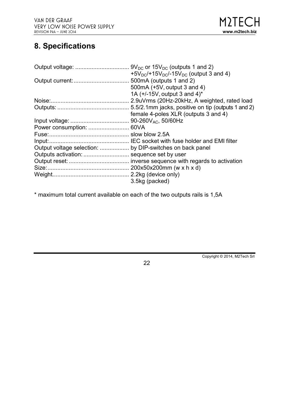 M2tech, Specifications | M2TECH Van der Graaf User Manual | Page 22 / 22