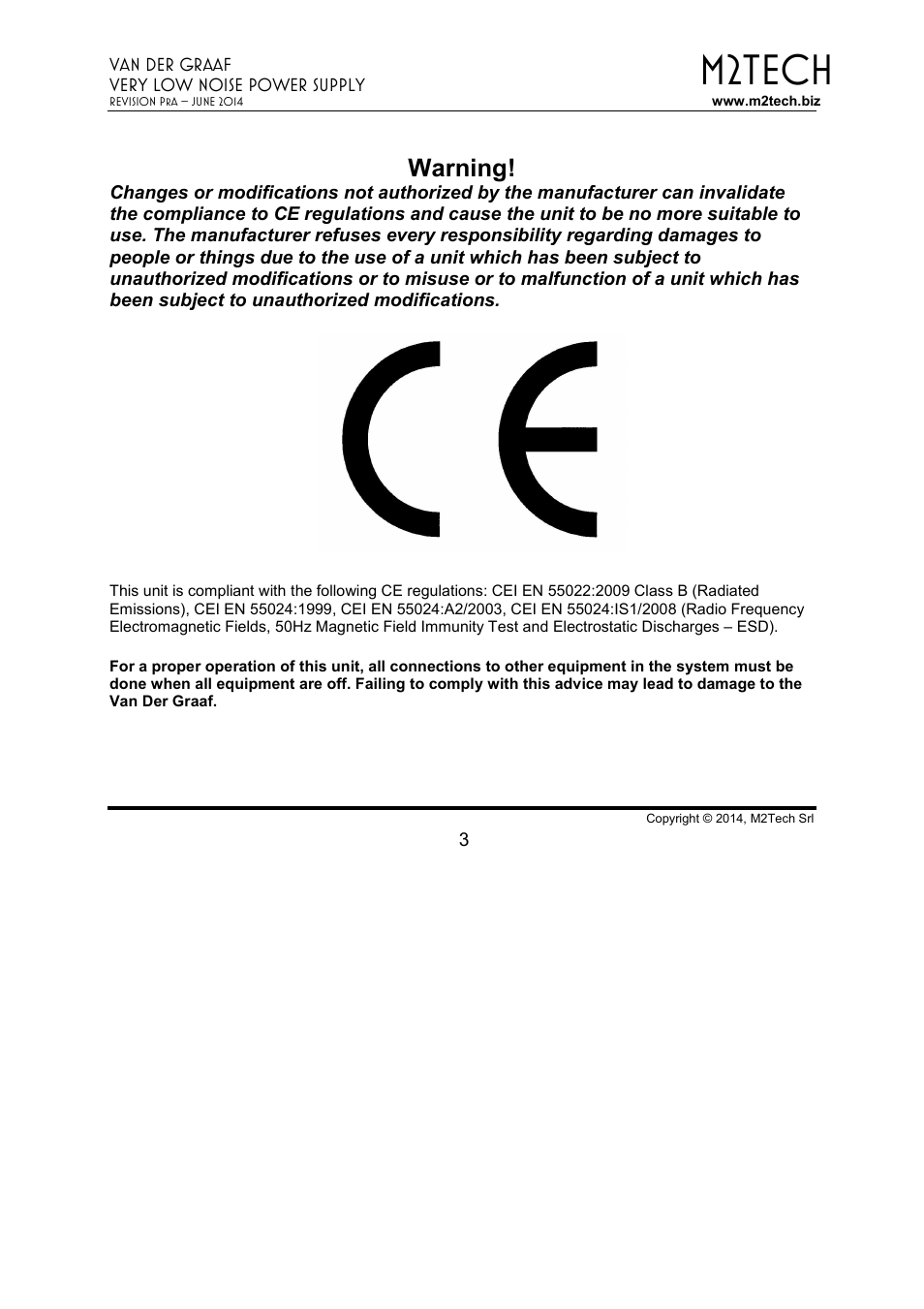 M2tech, Warning | M2TECH Van der Graaf User Manual | Page 3 / 22