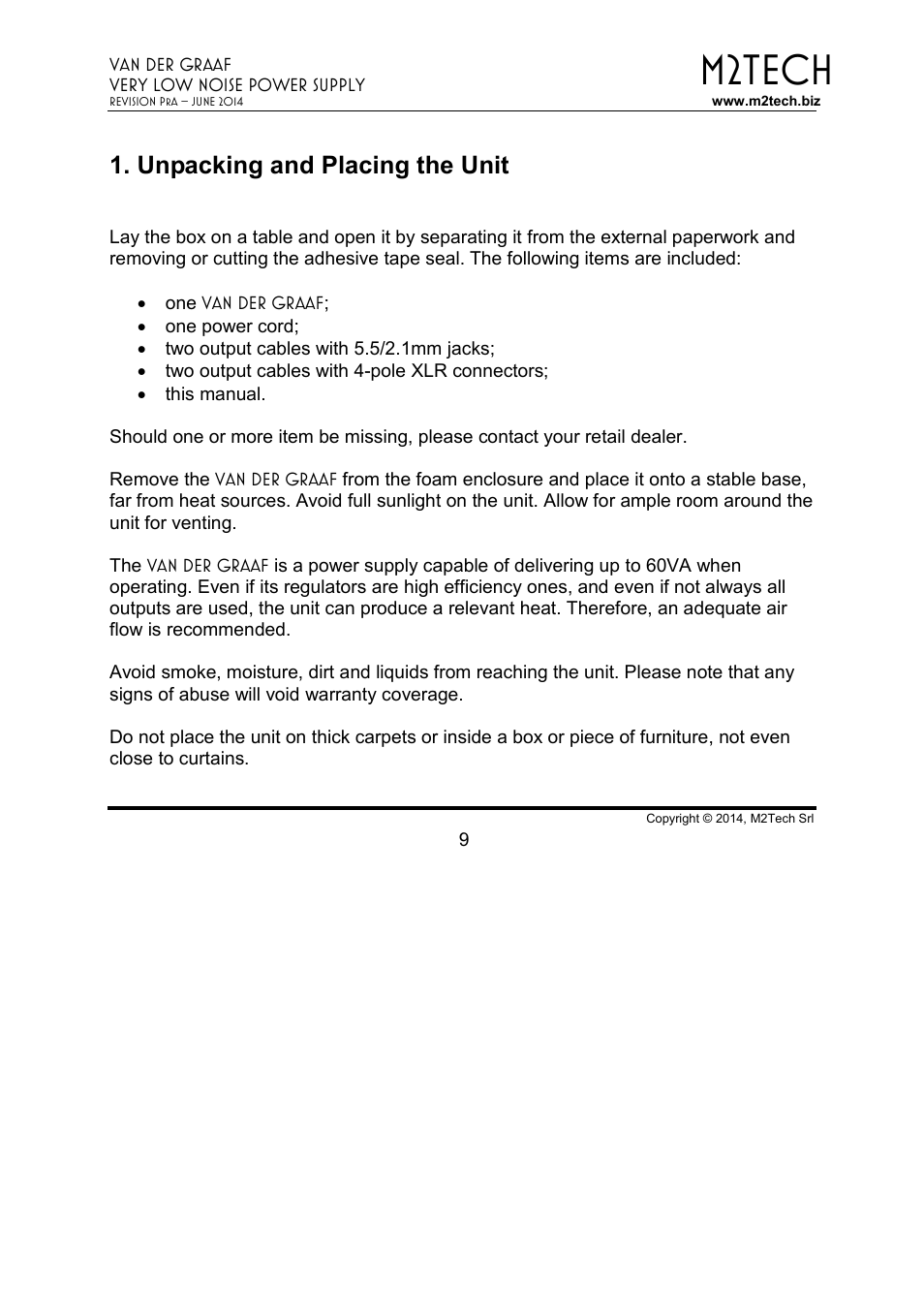 M2tech, Unpacking and placing the unit | M2TECH Van der Graaf User Manual | Page 9 / 22