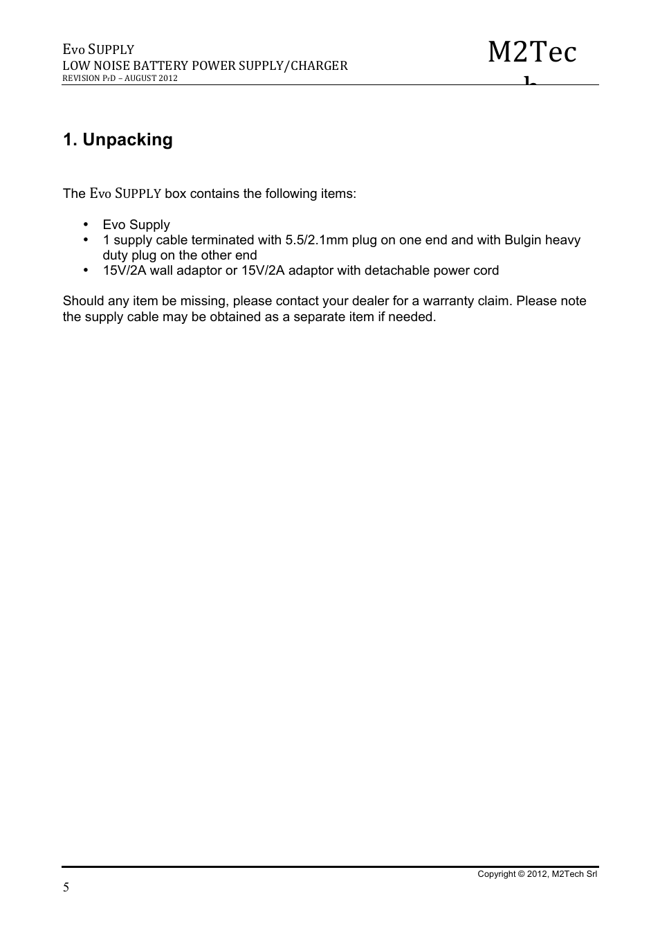 M2tec h, Unpacking | M2TECH Evo Supply User Manual | Page 5 / 10