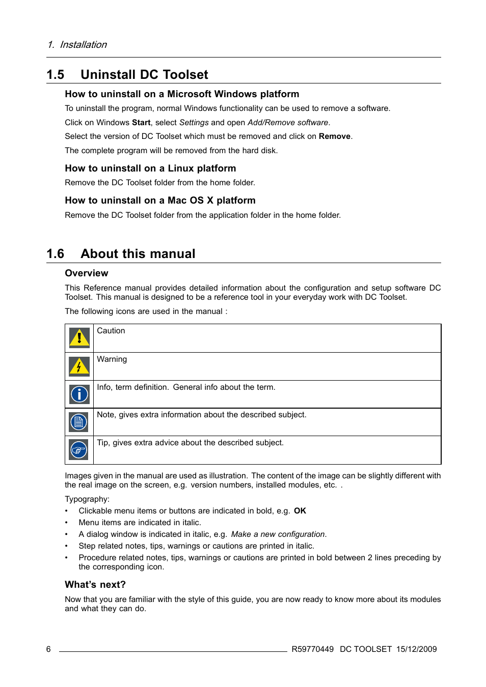5 uninstall dc toolset, 6 about this manual, Uninstall dc toolset | About this manual | Barco R59770449/01 User Manual | Page 10 / 79