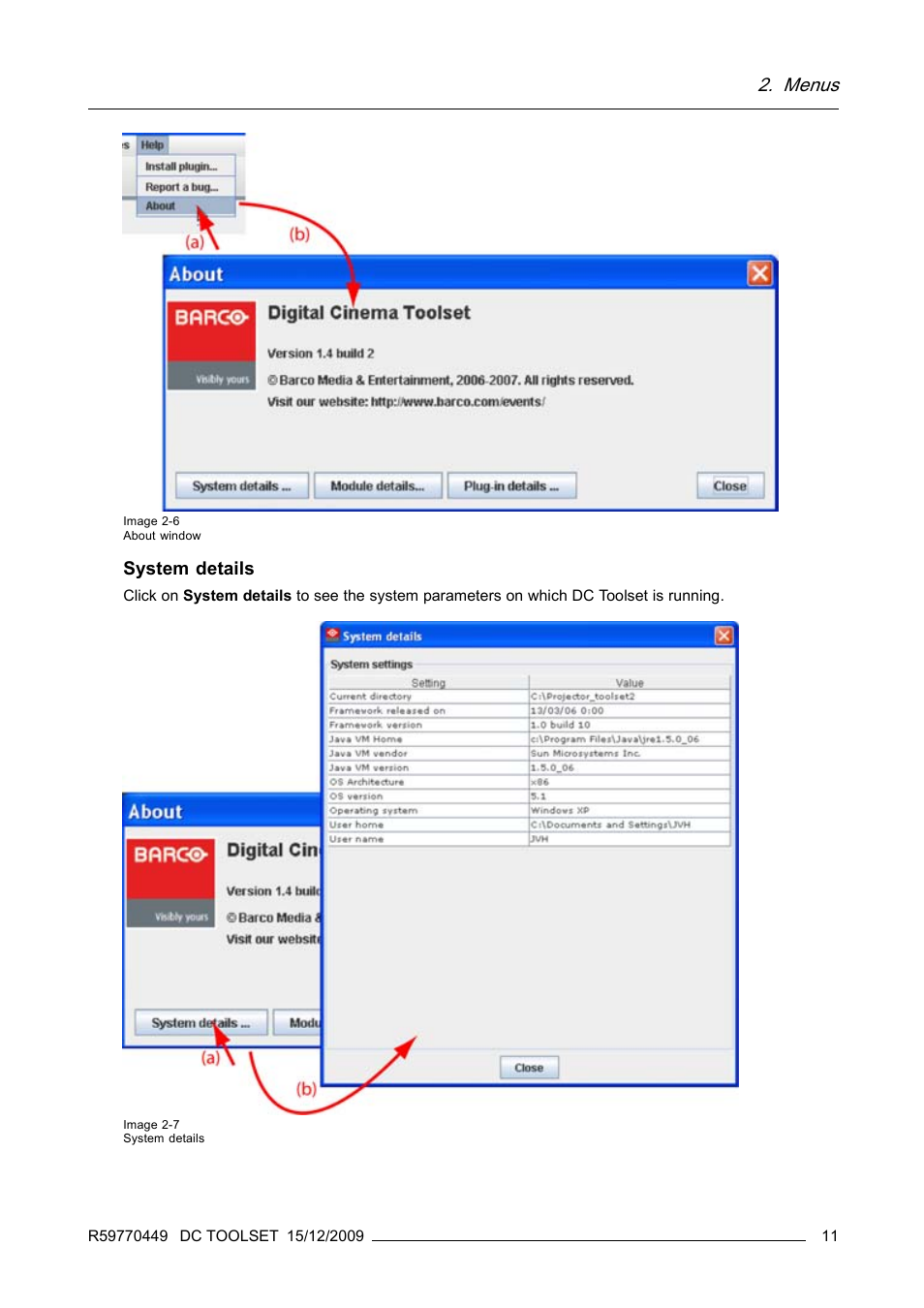 Menus, System details | Barco R59770449/01 User Manual | Page 15 / 79