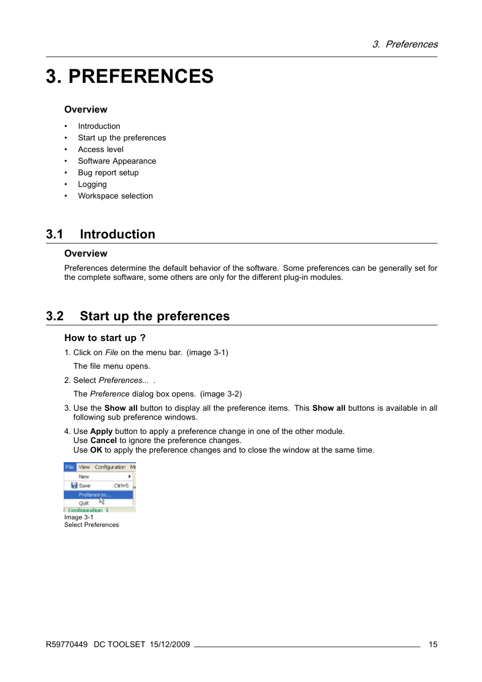 Preferences, 1 introduction, 2 start up the preferences | Barco R59770449/01 User Manual | Page 19 / 79