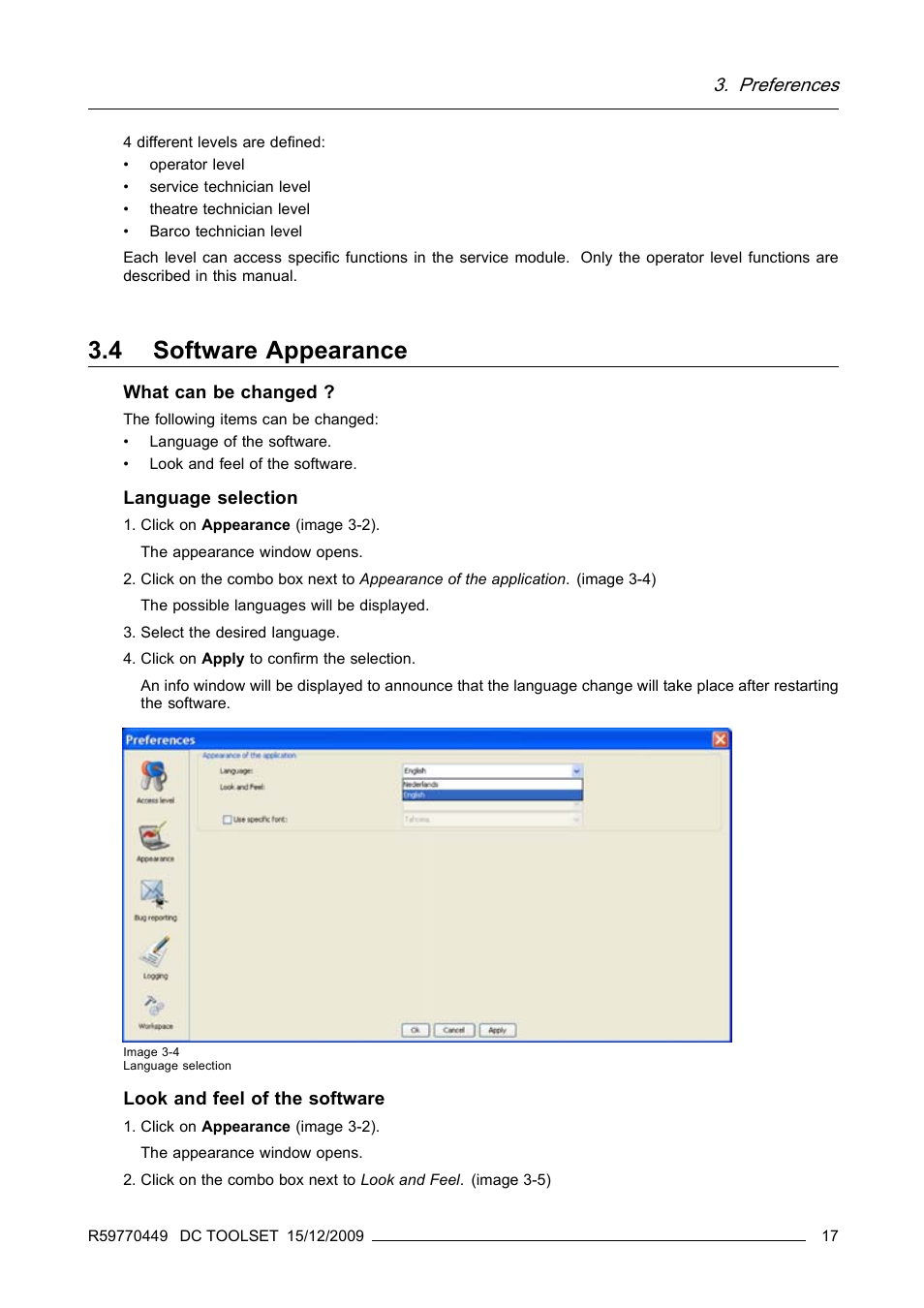 4 software appearance, Software appearance, Preferences | Barco R59770449/01 User Manual | Page 21 / 79