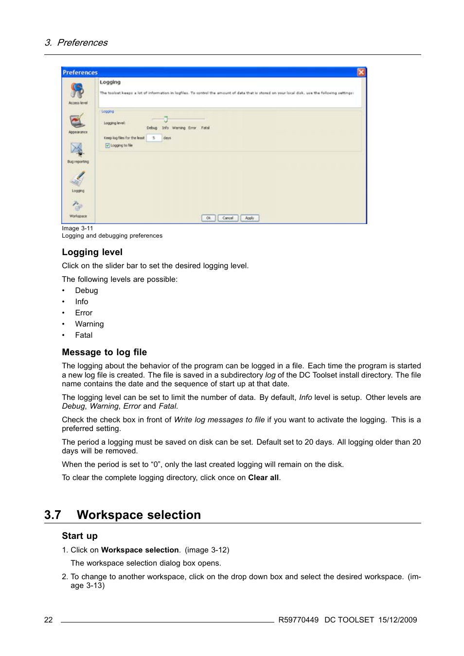 7 workspace selection, Workspace selection, Preferences | Barco R59770449/01 User Manual | Page 26 / 79