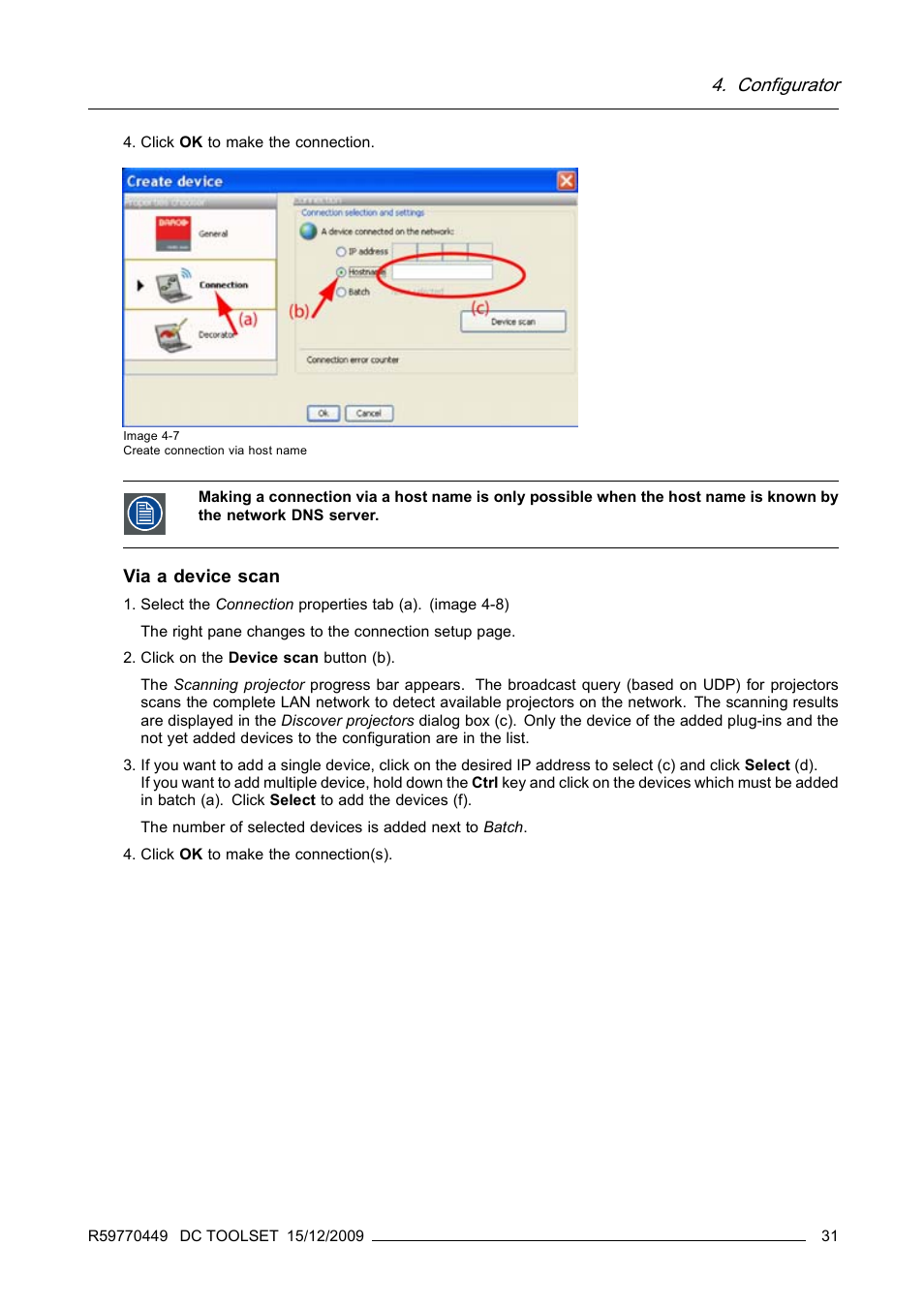 Configurator, Via a device scan | Barco R59770449/01 User Manual | Page 35 / 79