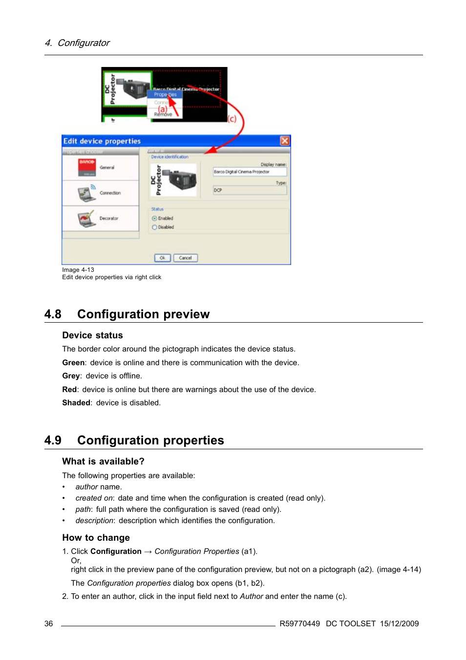 8 configuration preview, 9 configuration properties, Configuration preview | Configuration properties | Barco R59770449/01 User Manual | Page 40 / 79