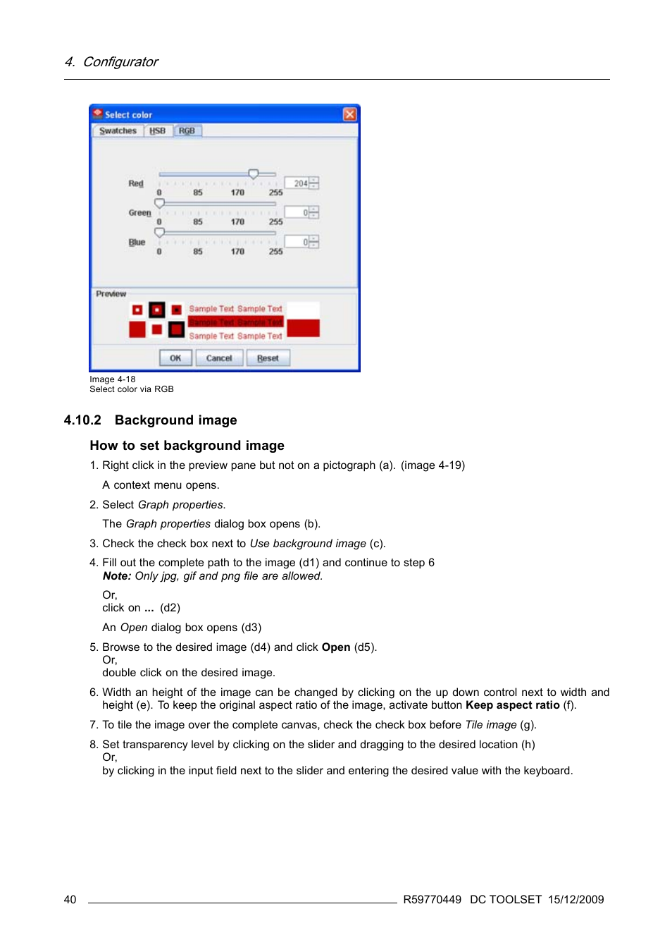 2 background image, Background image, Image 4-18) | Configurator, 2 background image how to set background image | Barco R59770449/01 User Manual | Page 44 / 79