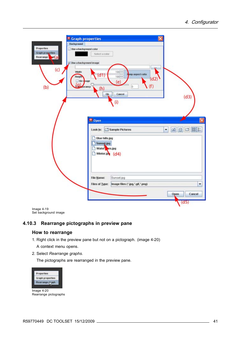 3 rearrange pictographs in preview pane, Rearrange pictographs in preview pane, Configurator | Barco R59770449/01 User Manual | Page 45 / 79