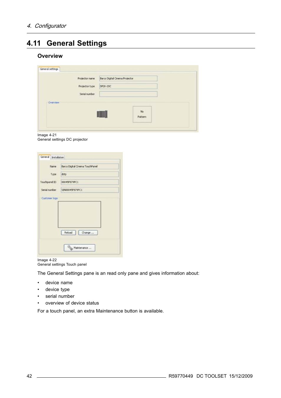 11 general settings, General settings, Configurator | Barco R59770449/01 User Manual | Page 46 / 79