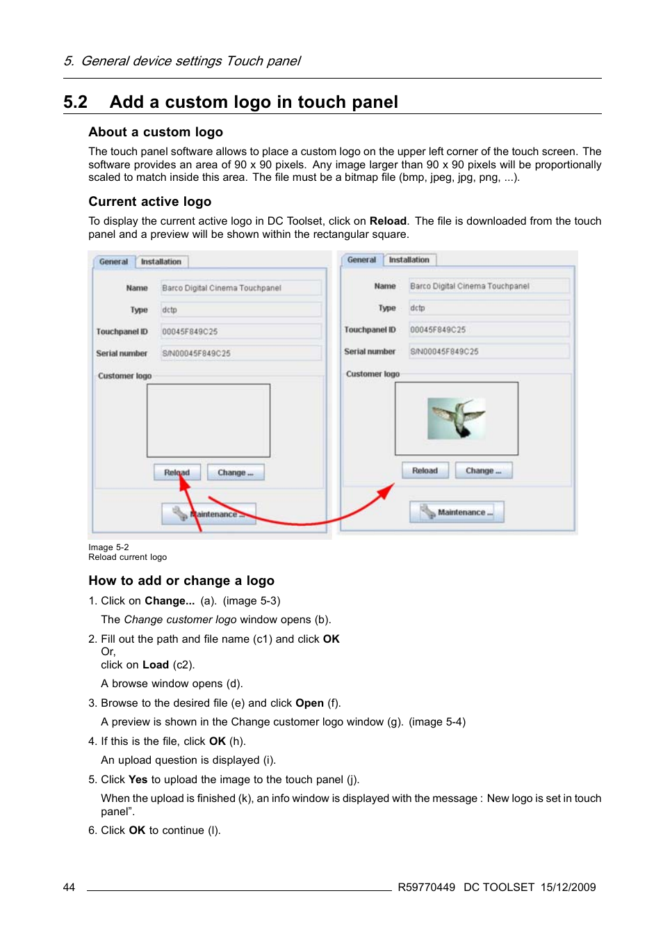 2 add a custom logo in touch panel, General device settings touch panel | Barco R59770449/01 User Manual | Page 48 / 79