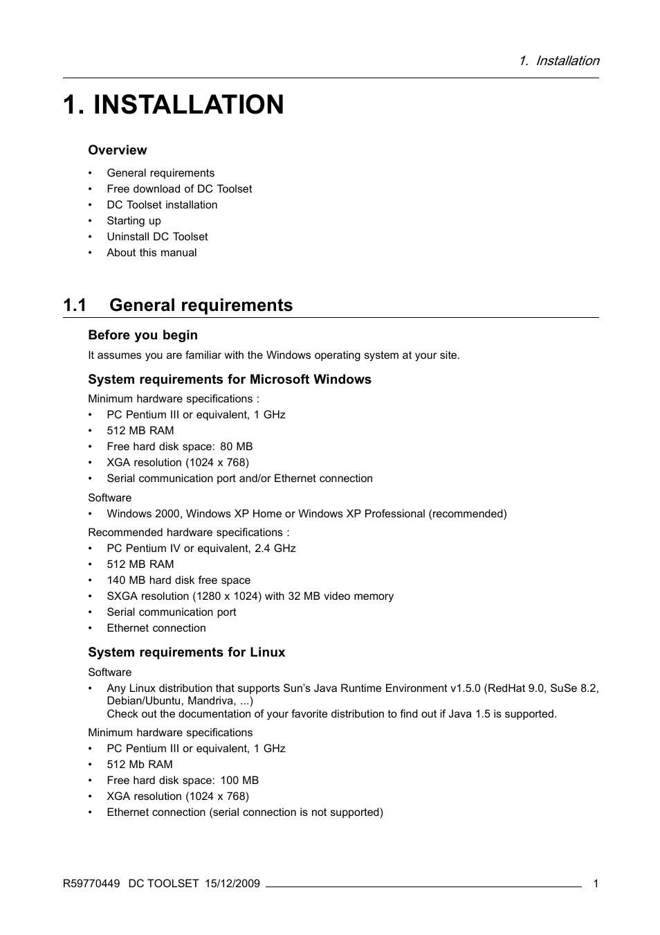 Installation, 1 general requirements | Barco R59770449/01 User Manual | Page 5 / 79