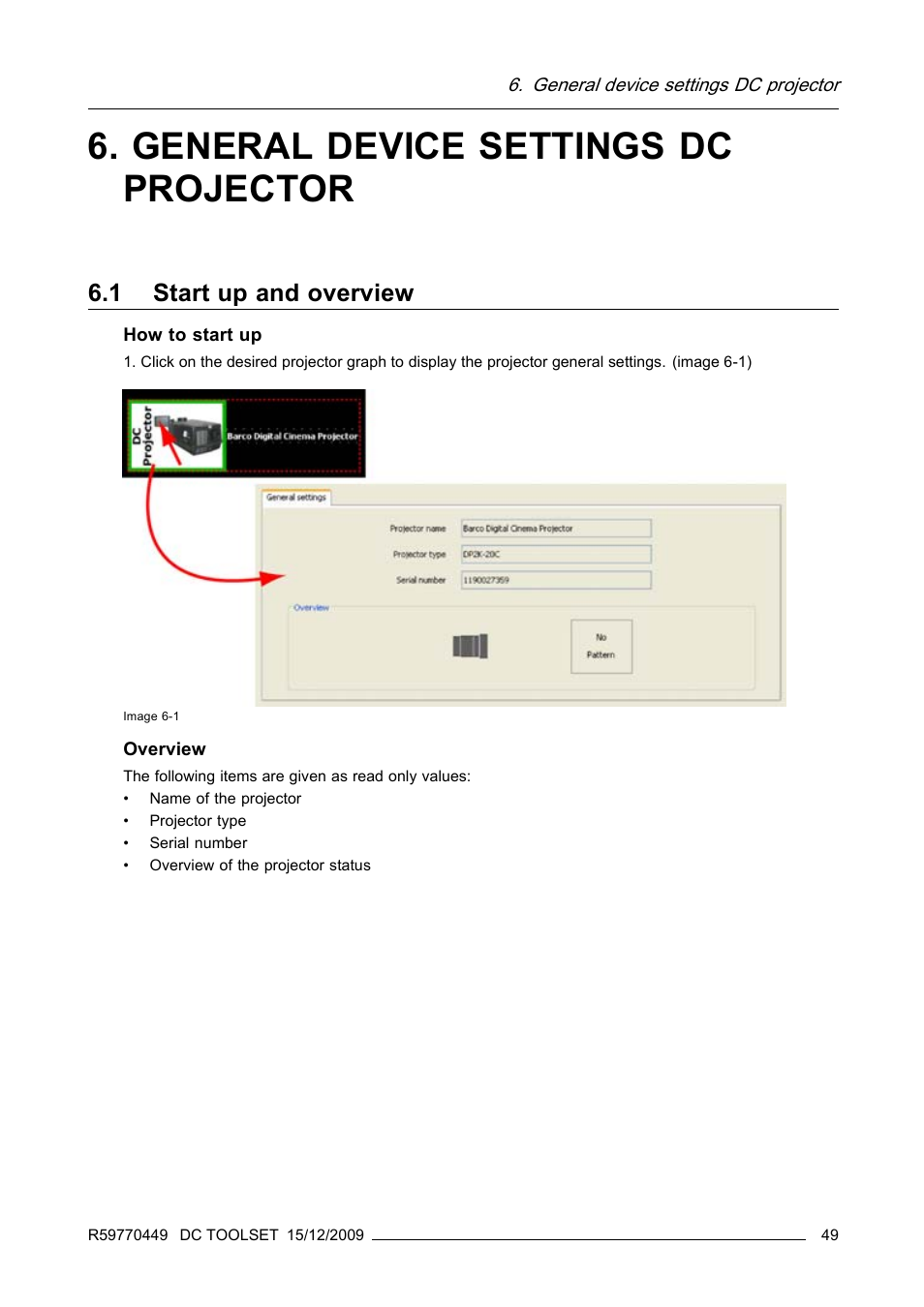 General device settings dc projector, 1 start up and overview | Barco R59770449/01 User Manual | Page 53 / 79