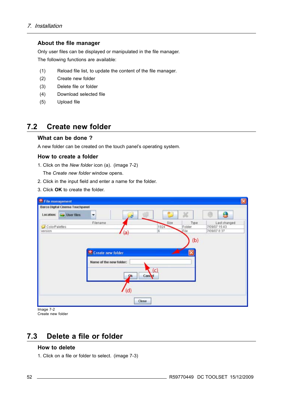 2 create new folder, 3 delete a file or folder, Create new folder | Delete a file or folder | Barco R59770449/01 User Manual | Page 56 / 79