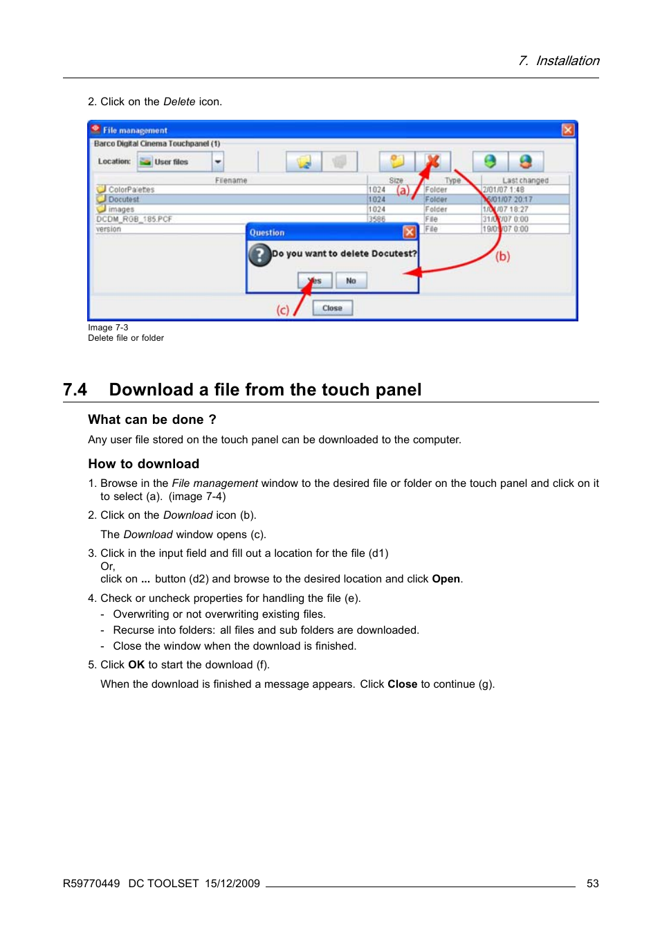 4 download a file from the touch panel, Download a file from the touch panel, Installation | Barco R59770449/01 User Manual | Page 57 / 79