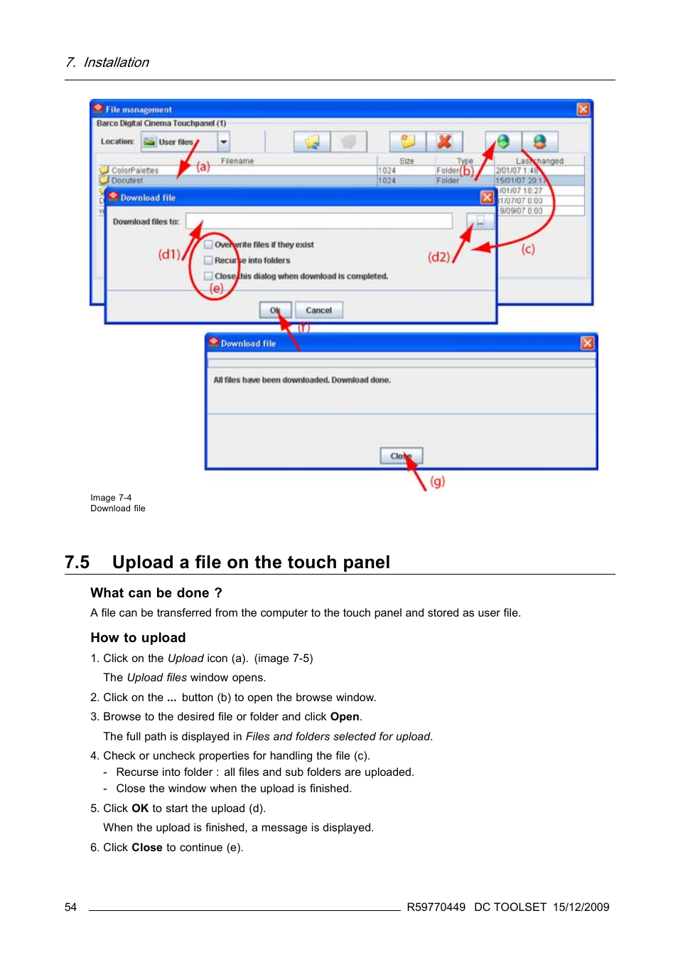 5 upload a file on the touch panel, Upload a file on the touch panel | Barco R59770449/01 User Manual | Page 58 / 79