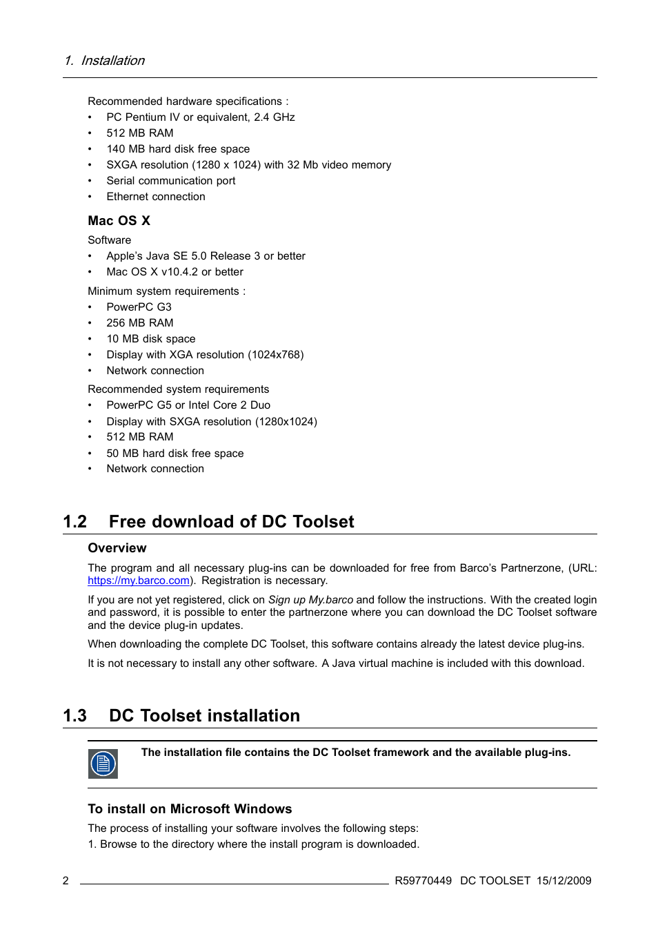 2 free download of dc toolset, 3 dc toolset installation, Free download of dc toolset | Dc toolset installation, Installation | Barco R59770449/01 User Manual | Page 6 / 79
