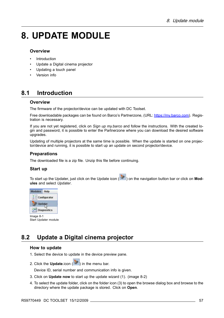 Update module, 1 introduction, 2 update a digital cinema projector | Barco R59770449/01 User Manual | Page 61 / 79
