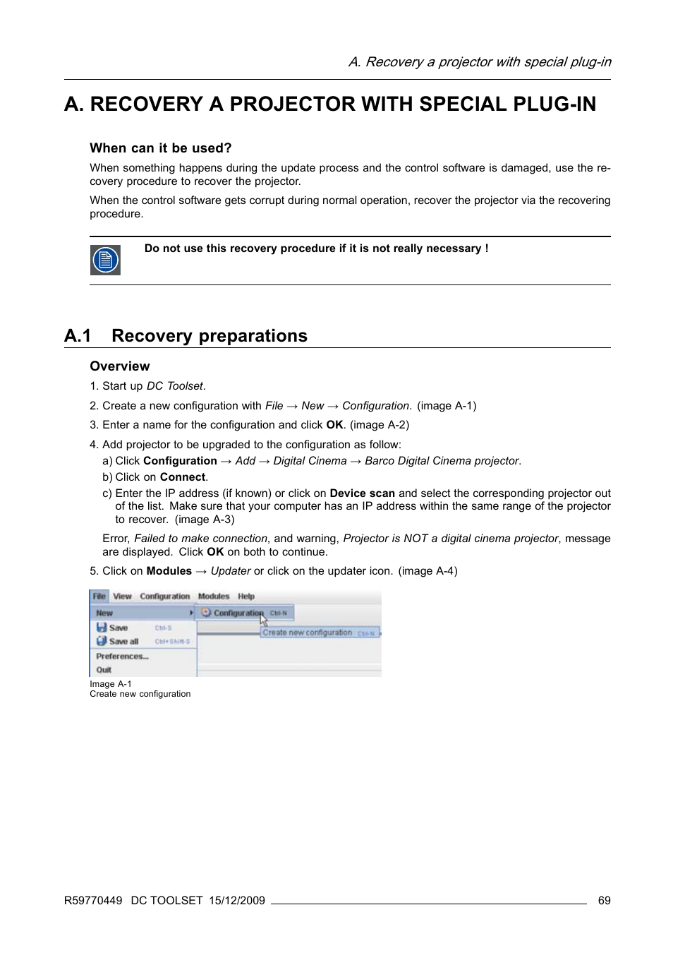 A. recovery a projector with special plug-in, A.1 recovery preparations | Barco R59770449/01 User Manual | Page 73 / 79