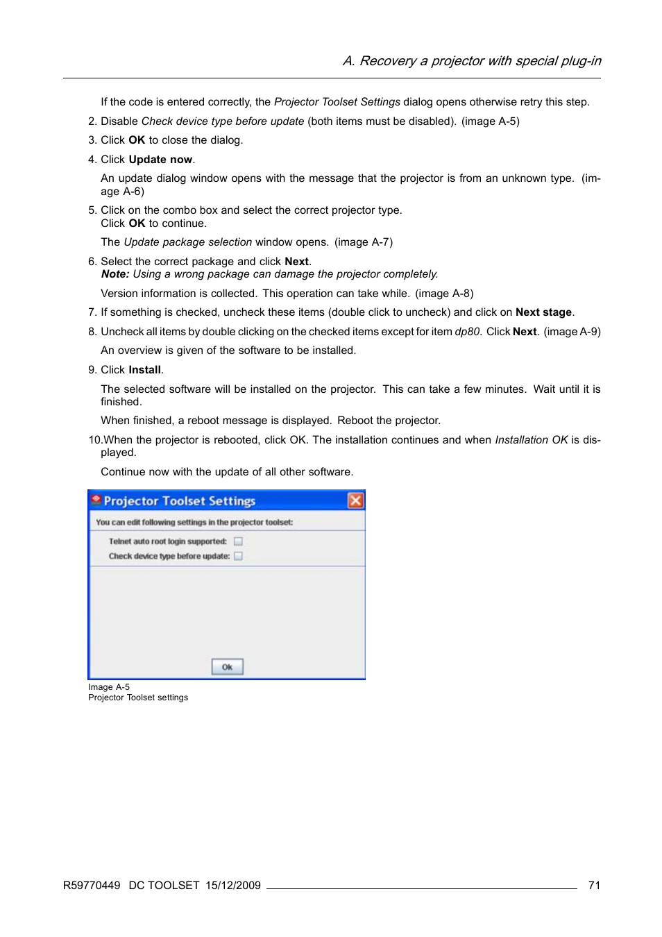 A. recovery a projector with special plug-in | Barco R59770449/01 User Manual | Page 75 / 79