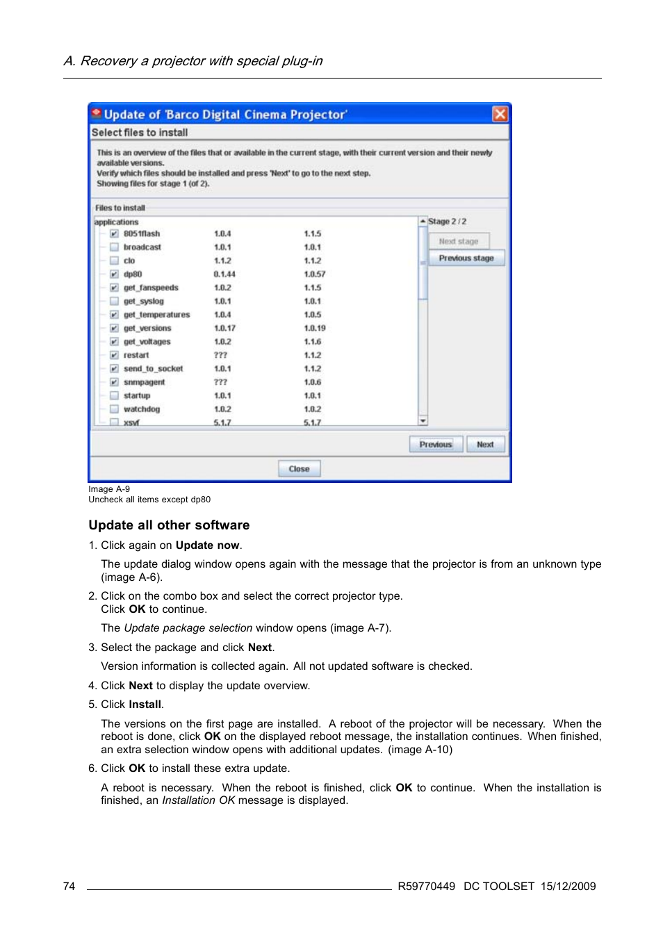 Image a-9, A. recovery a projector with special plug-in, Update all other software | Barco R59770449/01 User Manual | Page 78 / 79