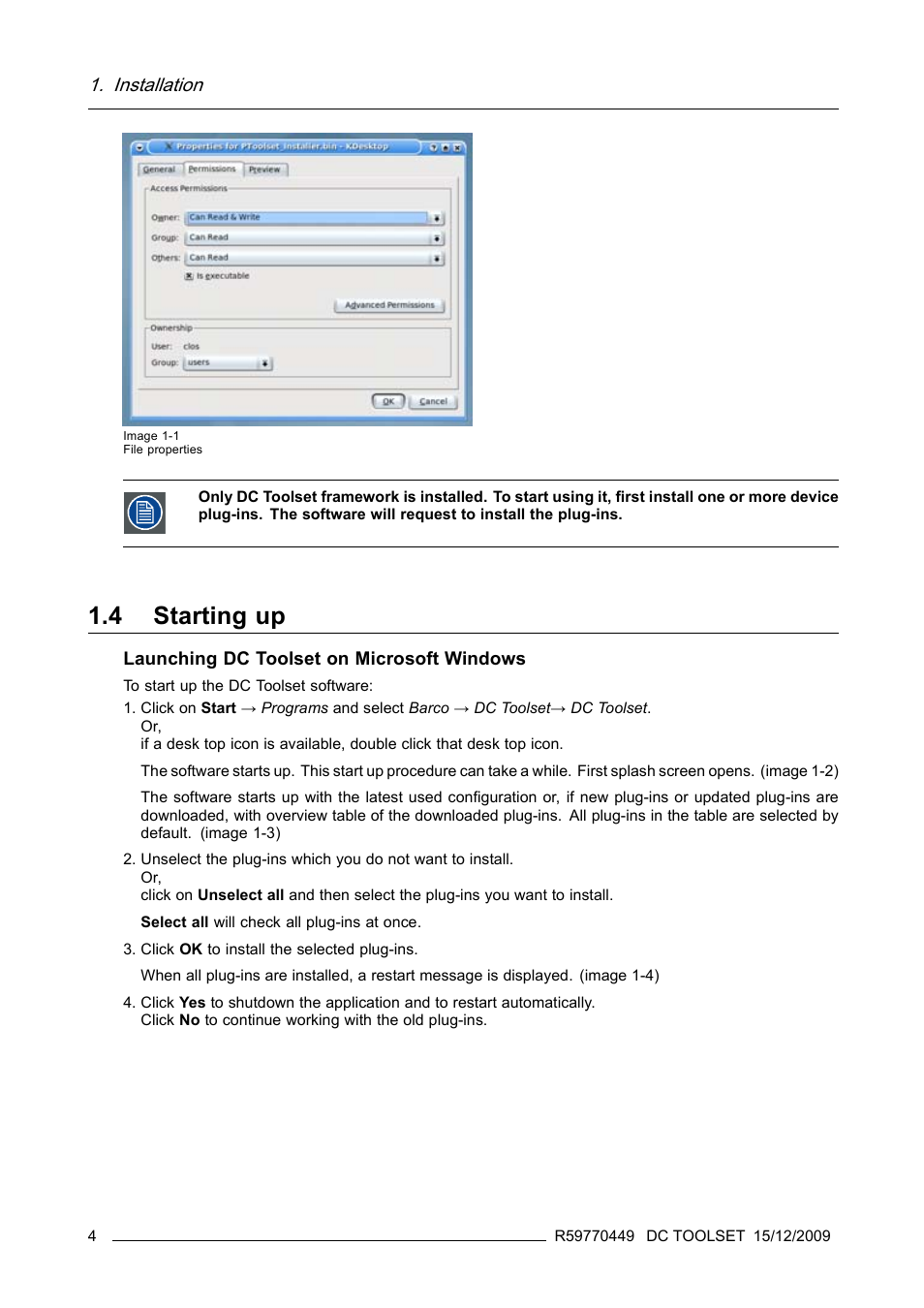 4 starting up, Starting up, Installation | Barco R59770449/01 User Manual | Page 8 / 79