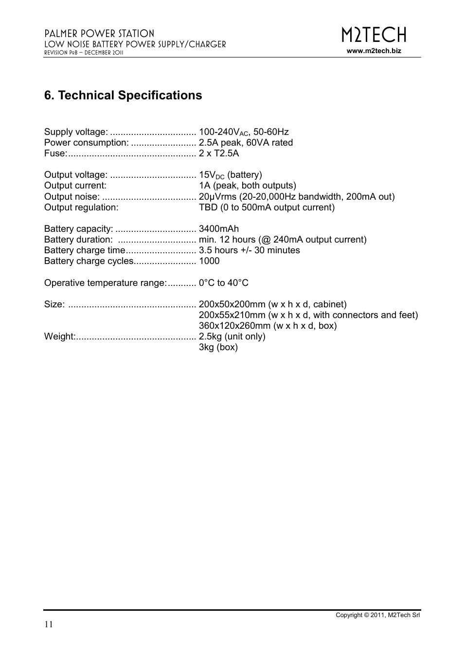 M2tech, Technical specifications, Palmer power station | M2TECH Palmer User Manual | Page 11 / 11