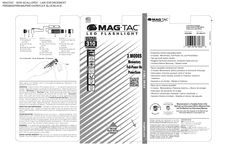Maglite MAGTAC™ 2-Cell CR123 LED Flashlight Plain Bezel User Manual | 2 pages