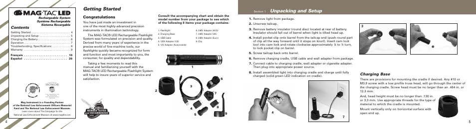 Getting started, Unpacking and setup, 54 contents | Charging base | Maglite MAGTAC™ LED Rechargeable Flashlight System Plain Bezel User Manual | Page 3 / 5