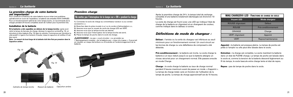 Définitions de mode de chargeur, La batterie, Première charge | Mag charger® led - f | Maglite MAGCHARGER LED Rechargeable System User Manual | Page 11 / 20