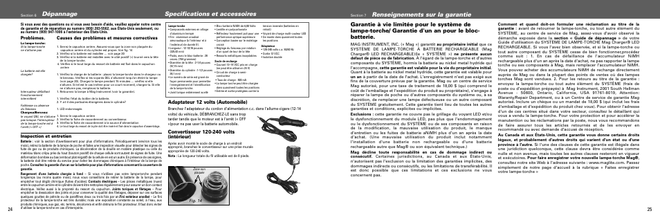 Renseignements sur la garantie, Dépannage specifications et accessoires, Adaptateur 12 volts (automobile) | Inspection et entretien | Maglite MAGCHARGER LED Rechargeable System User Manual | Page 13 / 20