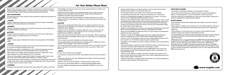 For your safety please read | Maglite MAGCHARGER LED Rechargeable System User Manual | Page 2 / 20
