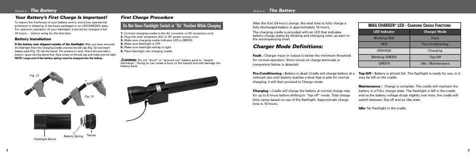 Charger mode definitions, The battery, First charge procedure | Mag charger, Led - c | Maglite MAGCHARGER LED Rechargeable System User Manual | Page 5 / 20