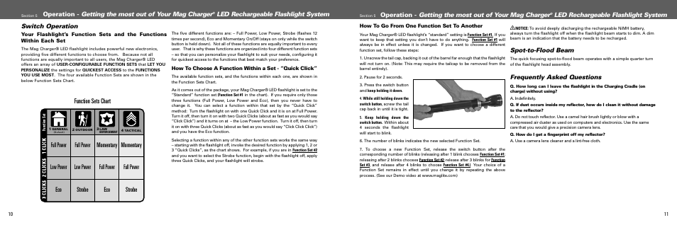 Function sets chart, Spot-to-flood beam, Frequently asked questions | Maglite MAGCHARGER LED Rechargeable System User Manual | Page 6 / 20