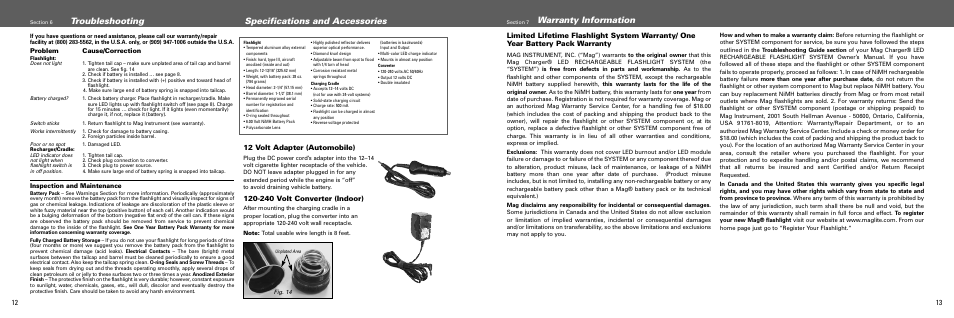 Warranty information, Troubleshooting specifications and accessories, 12 volt adapter (automobile) | 240 volt converter (indoor) | Maglite MAGCHARGER LED Rechargeable System User Manual | Page 7 / 20