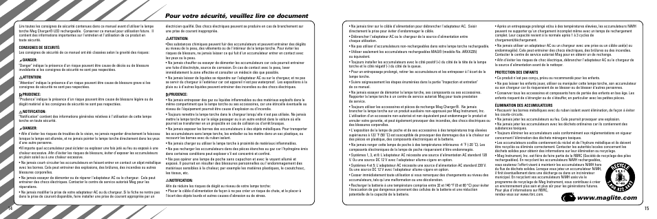 Pour votre sécurité, veuillez lire ce document | Maglite MAGCHARGER LED Rechargeable System User Manual | Page 8 / 20