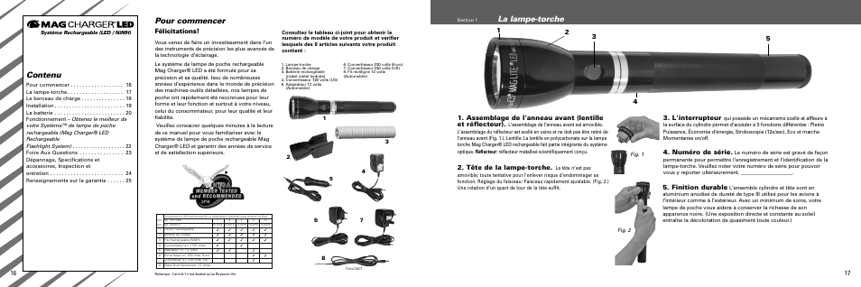 Contenu, Pour commencer, La lampe-torche | Félicitations, Tête de la lampe-torche, L'interrupteur, Numéro de série, Finition durable | Maglite MAGCHARGER LED Rechargeable System User Manual | Page 9 / 20