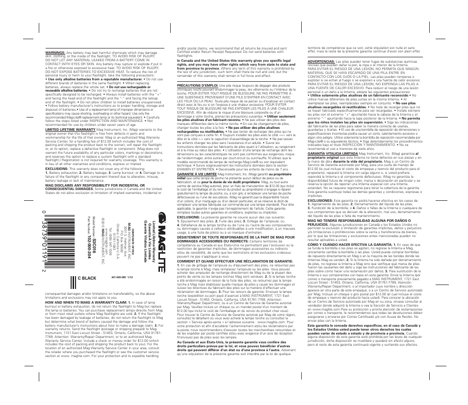 U<0$)($* =abbjbc<w | Maglite S3C016 User Manual | Page 2 / 2