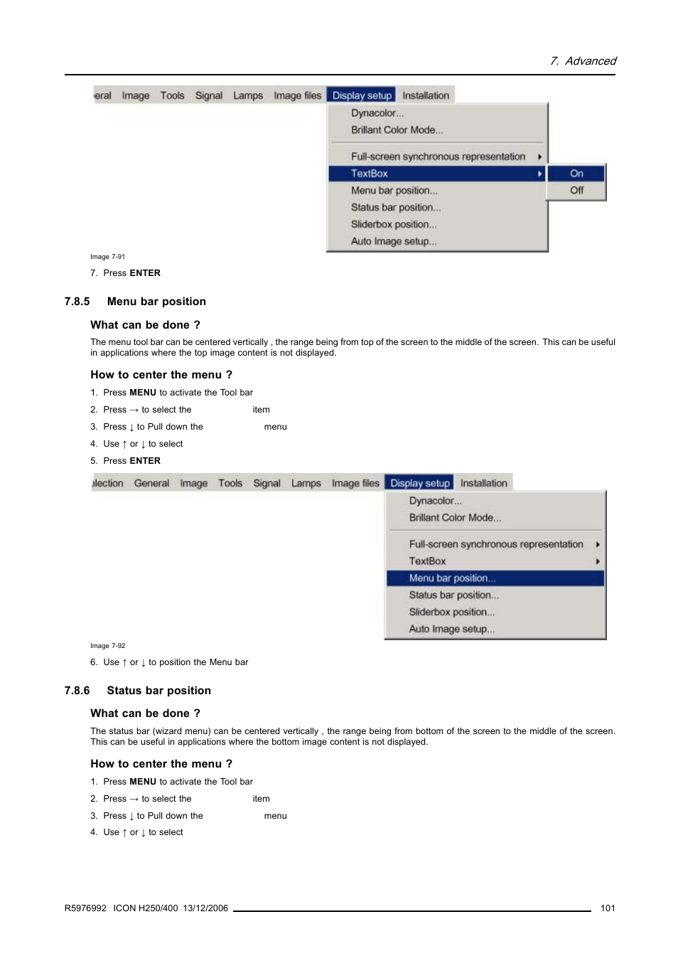 5 menu bar position, 6 status bar position, Menu bar position | Status bar position | Barco ICON H250/400 R9010510 User Manual | Page 107 / 154