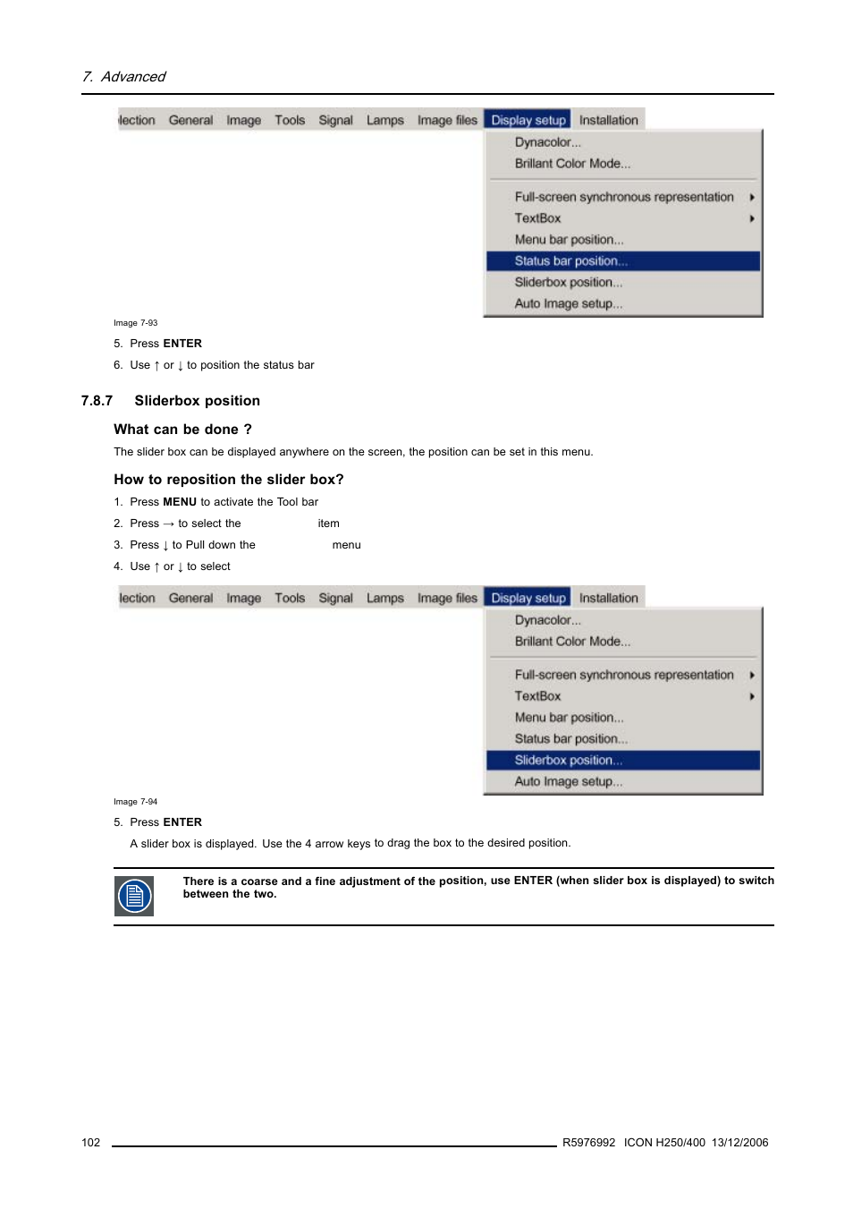 7 sliderbox position, Sliderbox position, Advanced | Barco ICON H250/400 R9010510 User Manual | Page 108 / 154